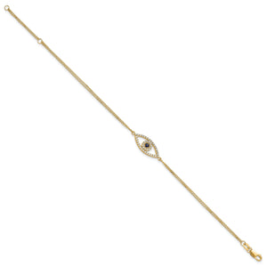 Full length view of the 14K yellow gold evil eye bracelet on a fine double chain
