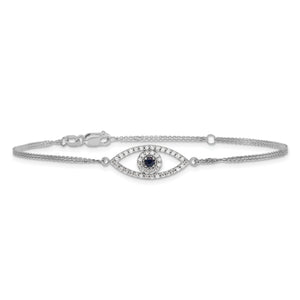 14K white gold evil eye bracelet laid straight, showing the diamond eye and sapphire center