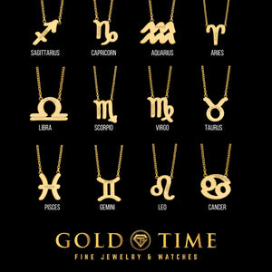 All twelve zodiac name necklace pendants shown in yellow gold on a black background