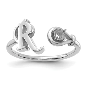 Sterling silver initial ring shown with an empty setting before the birthstone is placed