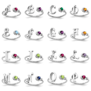 Sterling silver initial birthstone rings for the letters A through P