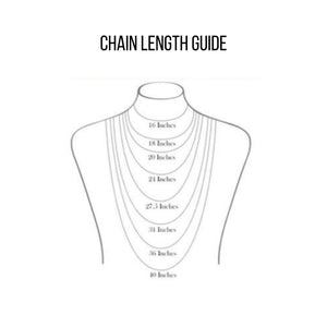 Chain length guide showing where 16, 18, 20 inch and longer necklaces fall on the neck and chest