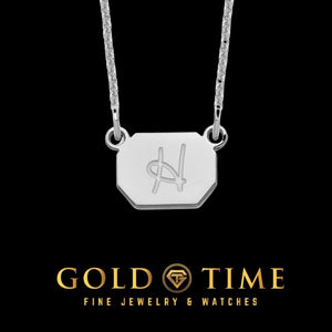 Sterling silver octagonal initial charm necklace with an engraved script letter on a cable chain