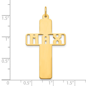 Personalized cross name pendant beside a ruler, measuring about 40mm tall and 23.5mm wide