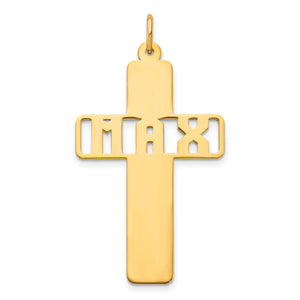 Yellow gold cross name plate pendant with a cut-out name and polished finish