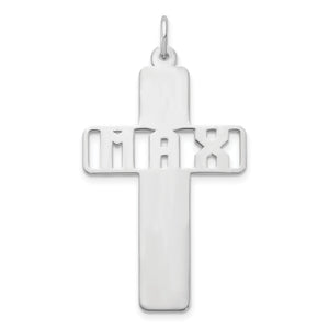 White finish cross pendant with a cut-out name, polished and rhodium plated