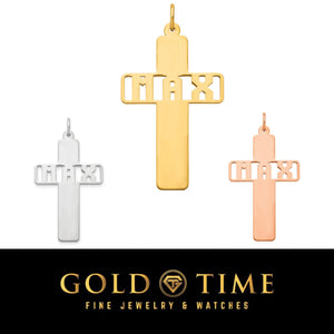 Personalized name cut-out cross pendant shown in white, yellow and rose finishes