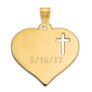 Gold plated heart pendant with an open cross cutout and an engraved date
