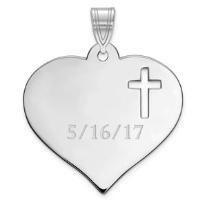 Sterling silver heart pendant with an open cross cutout and an engraved date