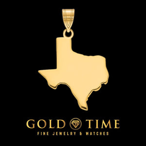 Polished yellow gold Texas state outline pendant with a bail, on a black background