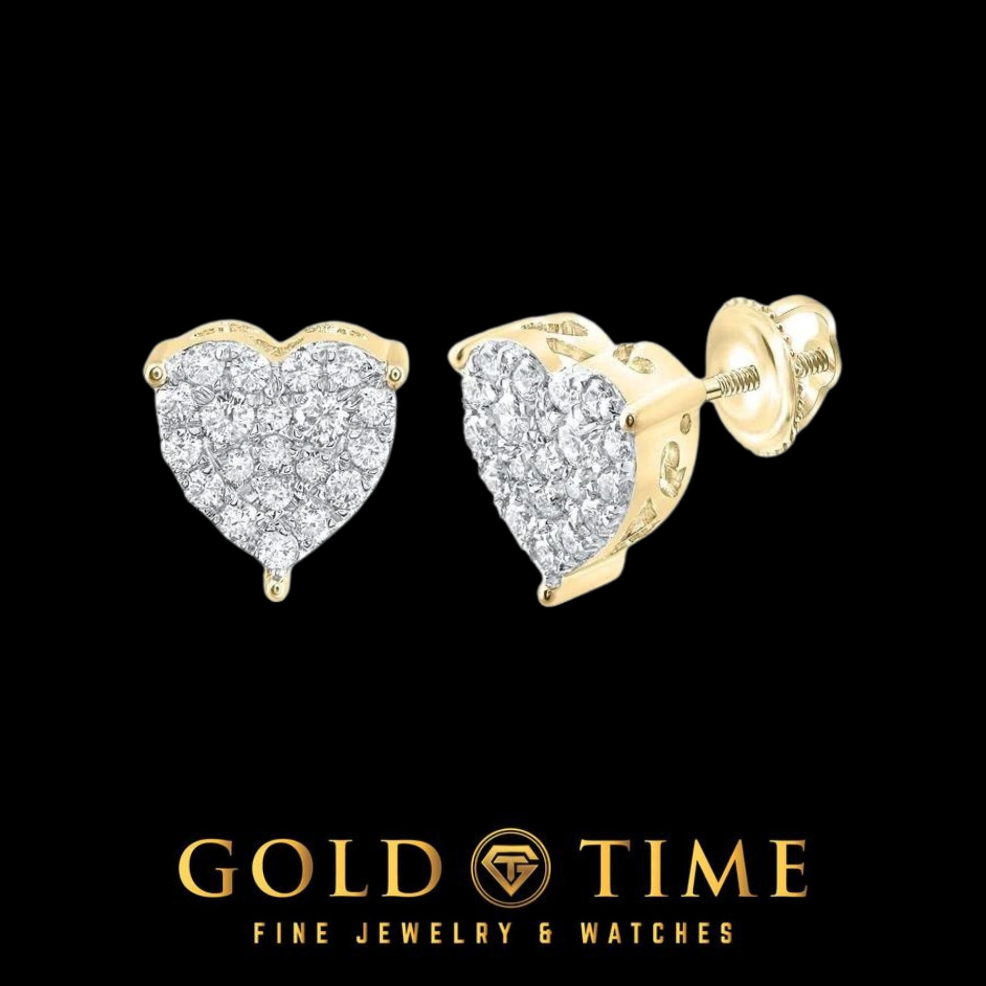 10K Gold Diamond Heart Stud Earrings  1/2 CTW Natural Pave-Set Diamonds in Yellow, White, or Rose Gold  9mm Screw Back Studs