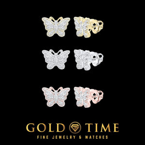Diamond butterfly stud earrings in 10K yellow, white, and rose gold with screw backs