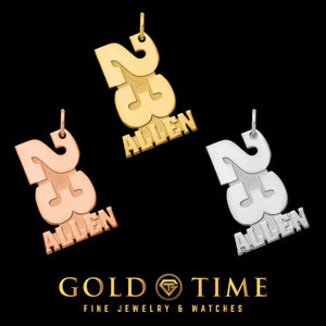 Stacked number and name charms reading 23 over ALLEN in rose gold, yellow gold and white against black, Gold Time