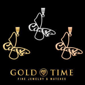 Three butterfly name pendants shown together in yellow gold, silver and rose gold