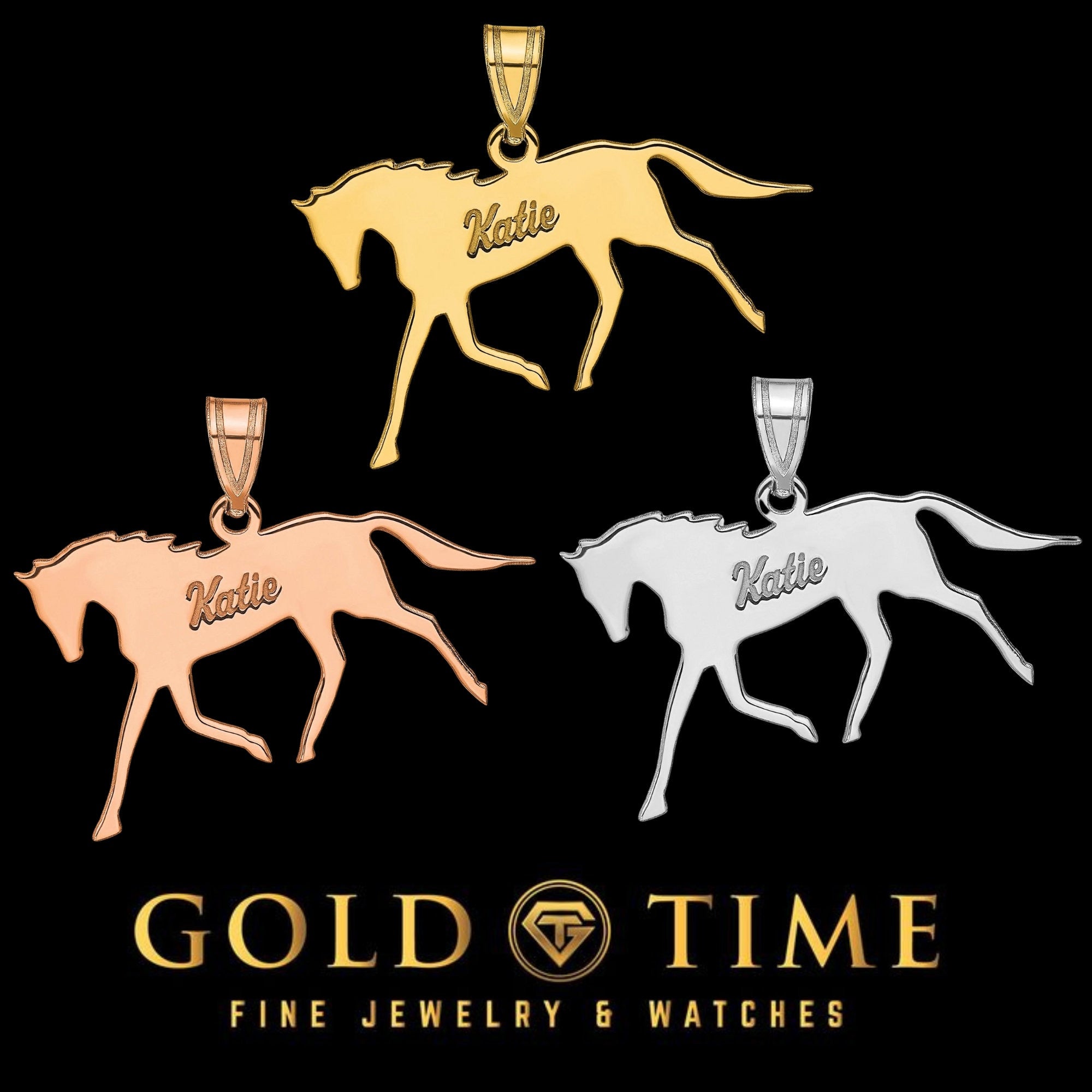 Personalized Horse Cursive Name Pendant -925 Sterling Silver, 10k Gold, 14k Gold -Yellow, White, Rose - foal filly pony stallion gallop