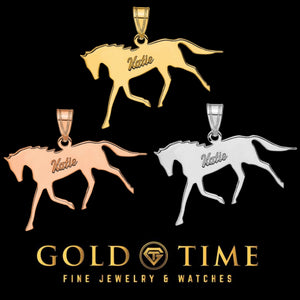 Yellow gold, rose gold and white gold galloping horse pendants engraved with the name Katie, black background with the Gold Time logo