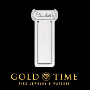 Sterling silver clip bookmark with a scroll plate engraved with the name Elizabeth