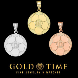 Three soccer ball number pendants in white, yellow and rose gold on a black Gold Time card