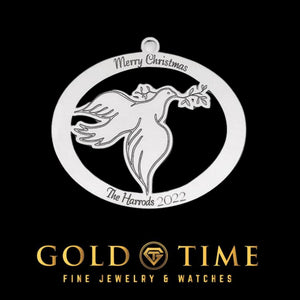Sterling silver oval dove ornament with an olive branch, engraved Merry Christmas on top and The Harrods 2022 on the bottom, on a black Gold Time background