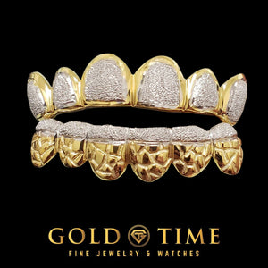 Two-tone 12 piece grillz with a diamond dust top and a gold nugget bottom with white dust tips