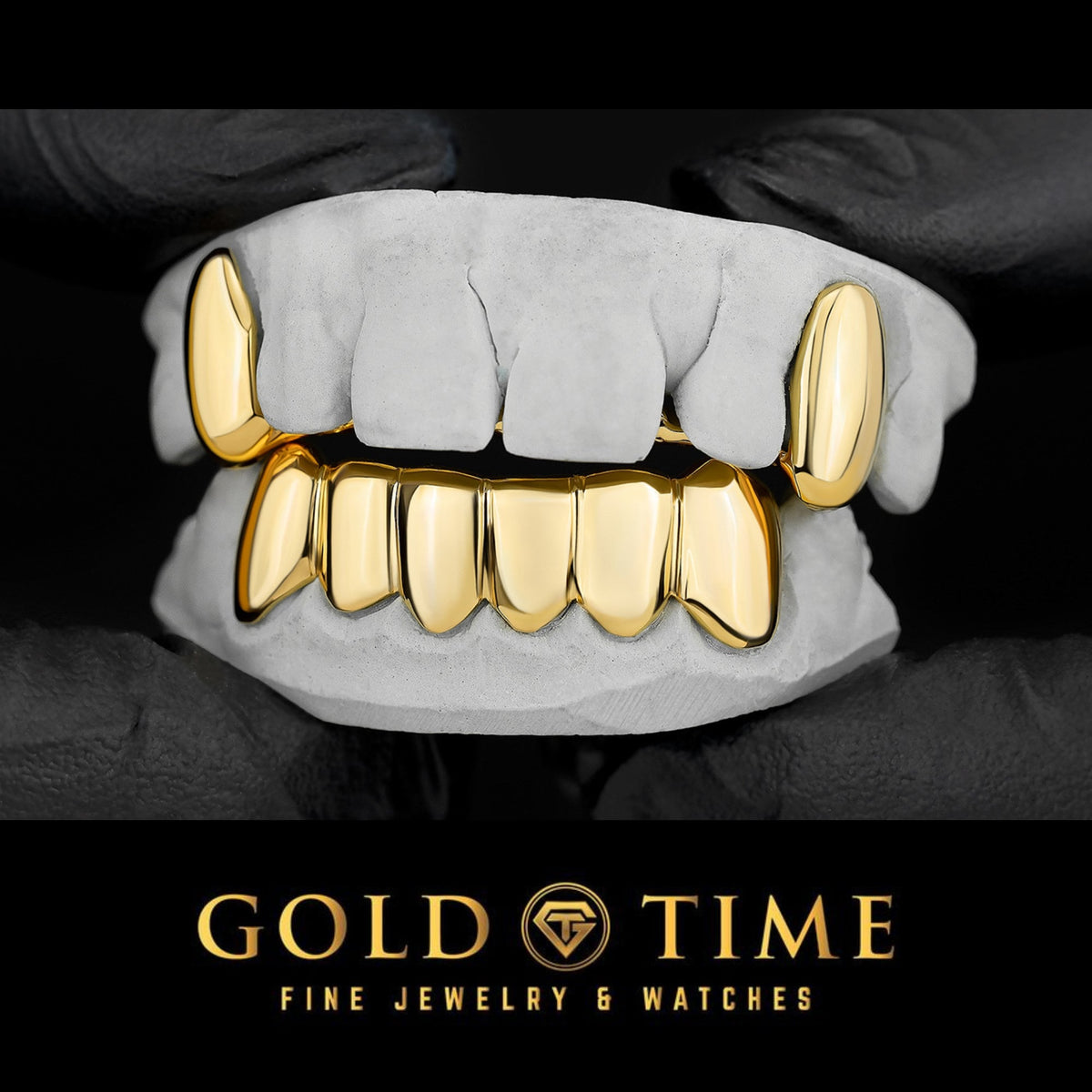 Custom Gold Grillz  Solid Top Canines & Bottom 6 Solid Set