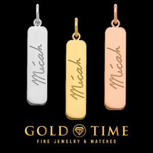 Handwriting bar pendants in sterling silver, yellow gold, and rose gold, each engraved with the name Micah