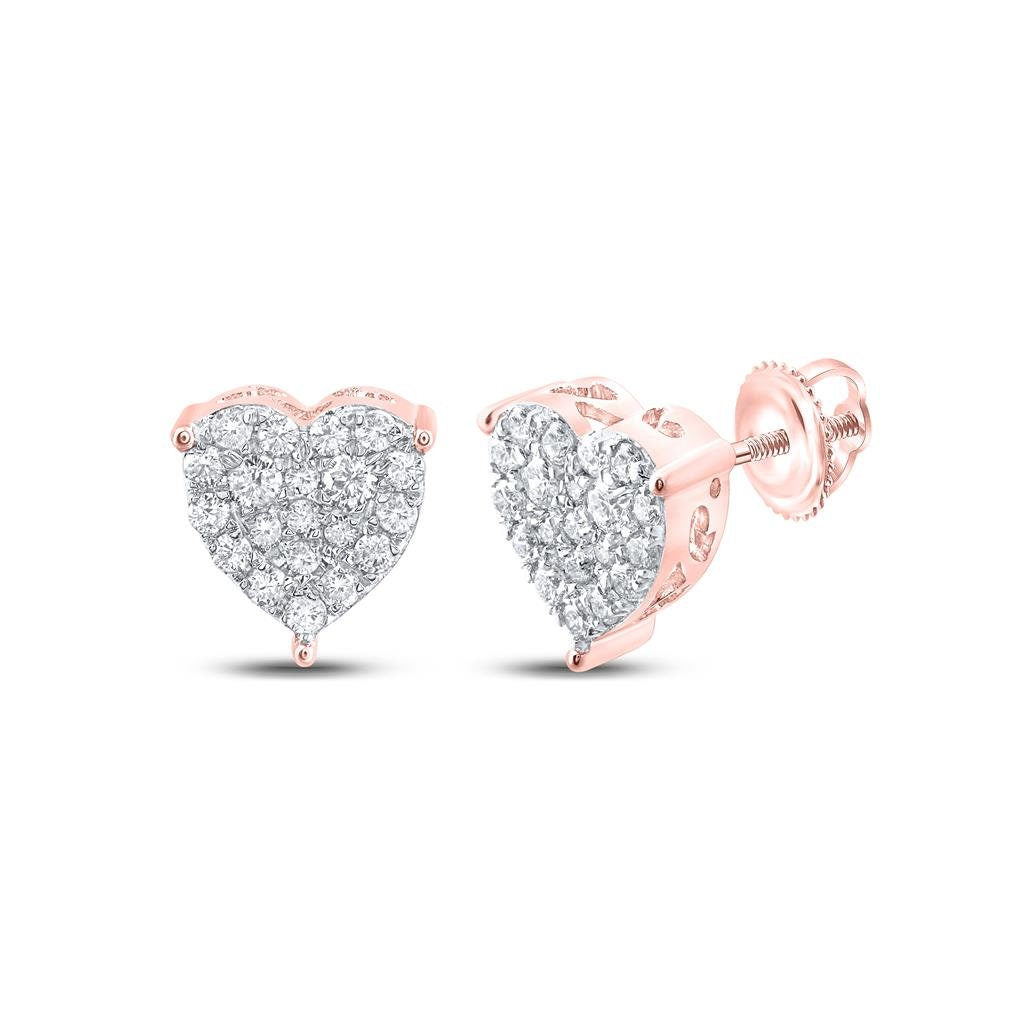 10K Gold Diamond Heart Stud Earrings  1/2 CTW Natural Pave-Set Diamonds in Yellow, White, or Rose Gold  9mm Screw Back Studs