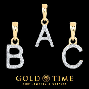 Three 10k gold diamond initial pendants spelling A, B and C on a black background with the Gold Time logo