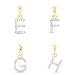 Diamond initial pendants for the letters E, F, G and H in 10k yellow gold