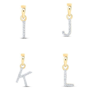Diamond initial pendants for the letters I, J, K and L in 10k yellow gold