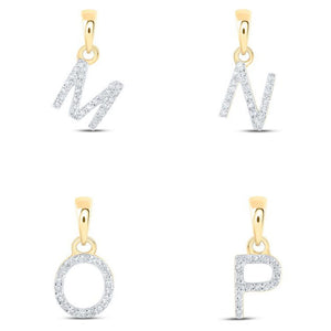 Diamond initial pendants for the letters M, N, O and P in 10k yellow gold