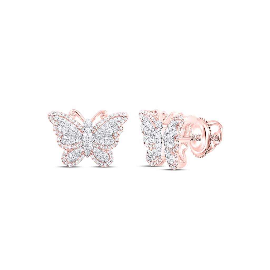 10K Gold Diamond Butterfly Stud Earrings  5/8 CTW Prong-Set Natural Diamonds in Yellow, White, or Rose Gold  12mm x 17mm Screw Backs