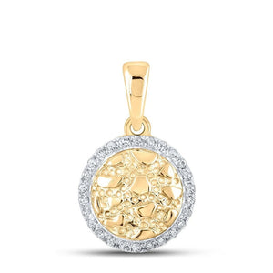 10K yellow gold circle nugget pendant with a diamond halo, on white