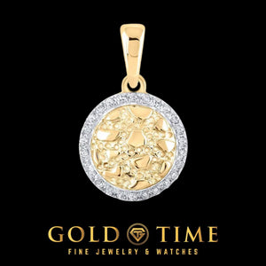 10K yellow gold circle nugget pendant with a diamond halo, on black