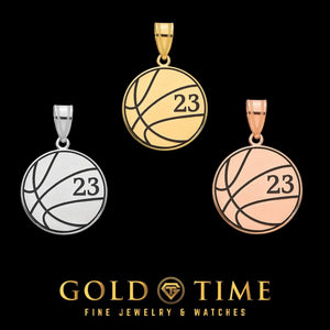 Basketball number pendants with black enamel seams and the number 23 in white, yellow, and rose, on a black Gold Time background