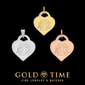 Heart monogram pendants engraved with a three letter script monogram in sterling silver, yellow gold and rose gold