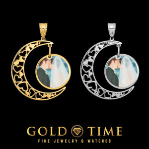 Crescent moon photo pendants with heart cut-outs and a dangling color photo disc in gold plated and sterling silver, Gold Time
