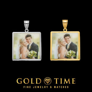 Two square custom photo pendants, one sterling silver and one gold plated, each printed with a wedding couple photo, on a black background with the Gold Time logo