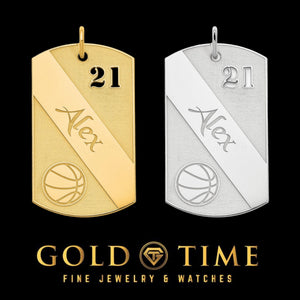 Basketball dog tag pendants in gold plated and sterling silver with number 21 and the name Alex