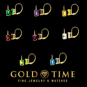 Eight pairs of 14k gold emerald-cut birthstone leverback earrings in green, purple, yellow, red, pink, clear, lime and blue stones, black background with the Gold Time logo