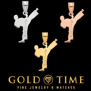 Boy karate kick pendants engraved Aiden in white, yellow, and rose gold
