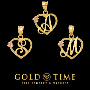 14k yellow gold open heart initial pendants with script letters and a rose gold flower accent