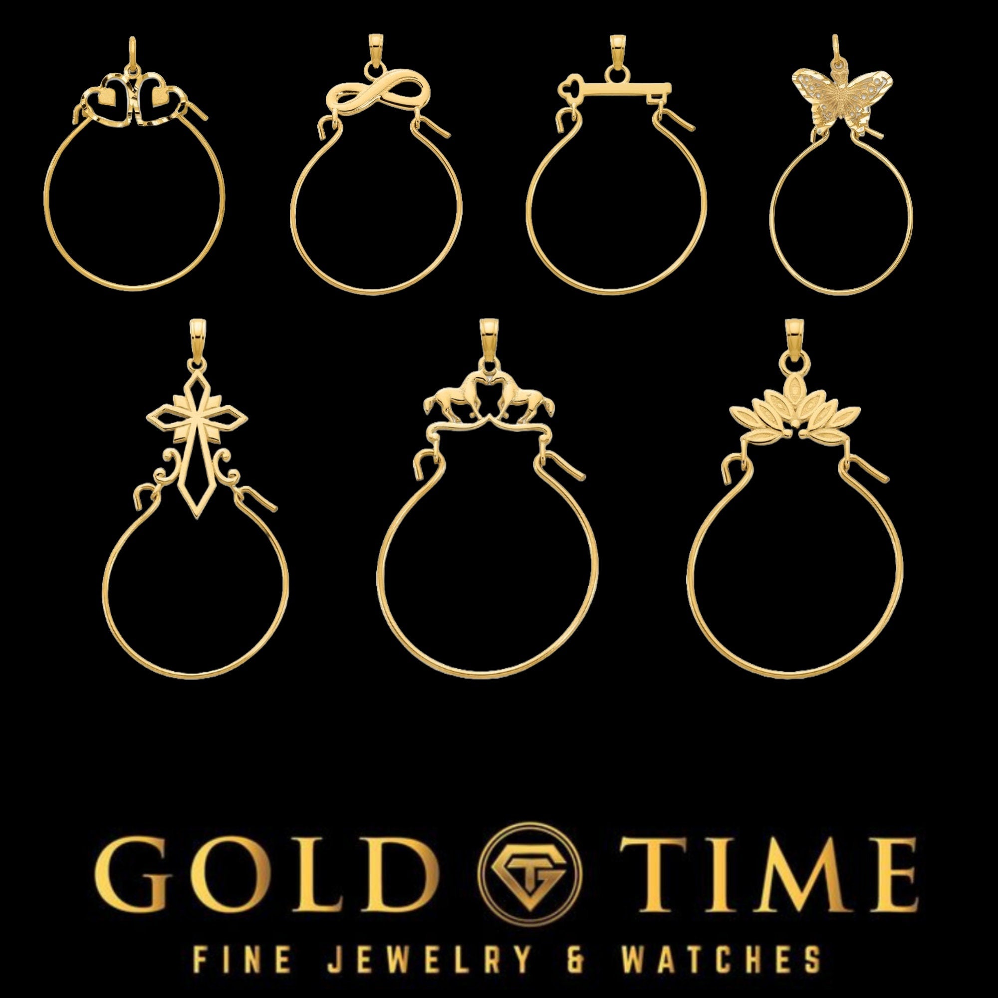 14K Gold Charm Holder Pendant  Butterfly, Cross, Heart Key & More  40mm Length  Fine Jewelry for Charms  Multiple Design Options