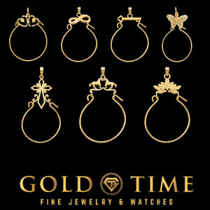 Seven 14K gold charm holder pendant designs displayed together on a black background with the Gold Time logo