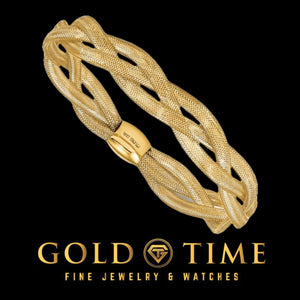 Solid 14K yellow gold woven mesh stretch bangle with two solid end bars