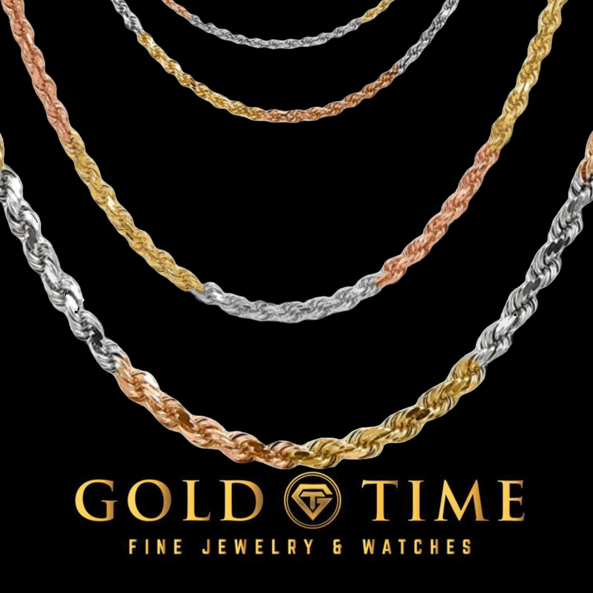 14K Tri-Color Gold Diamond-Cut Rope Chain – Yellow, White & Rose Gold – Solid Chain or Bracelet – 16"-24" Lengths – Lobster Clasp