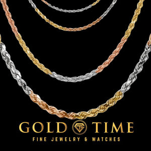 14k tri-color gold diamond-cut rope chains in several widths, twisting yellow, white and rose gold strands