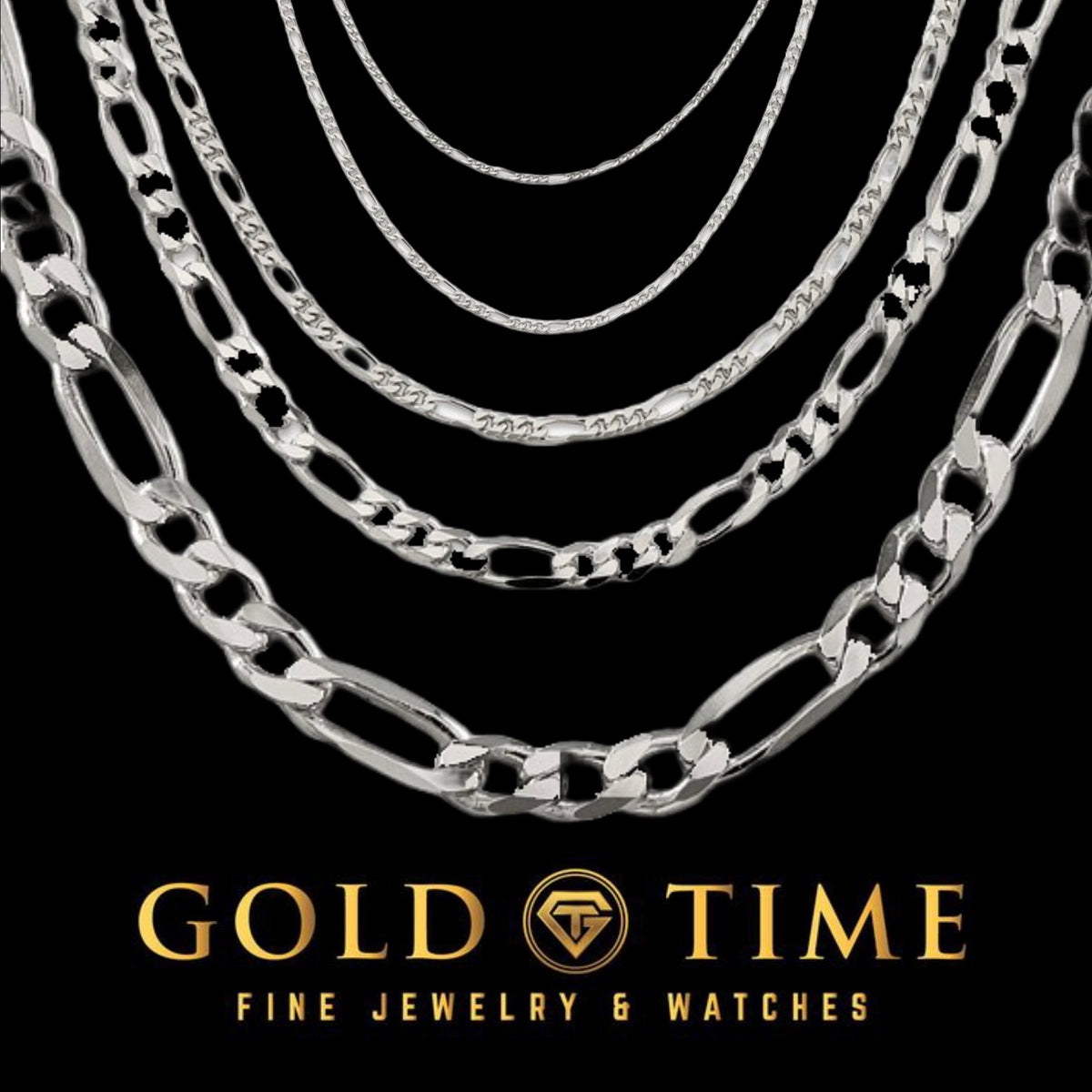 Six sterling silver Figaro chains from fine to wide layered on black above the Gold Time logo