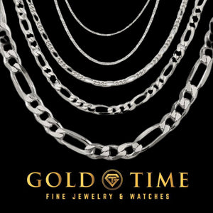 Six sterling silver Figaro chains from fine to wide layered on black above the Gold Time logo