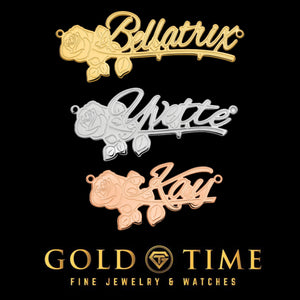 Yellow gold, sterling silver and rose gold cursive name necklaces with a rose flower design, shown with the names Bellatrix, Yvette and Kay, black background with the Gold Time logo